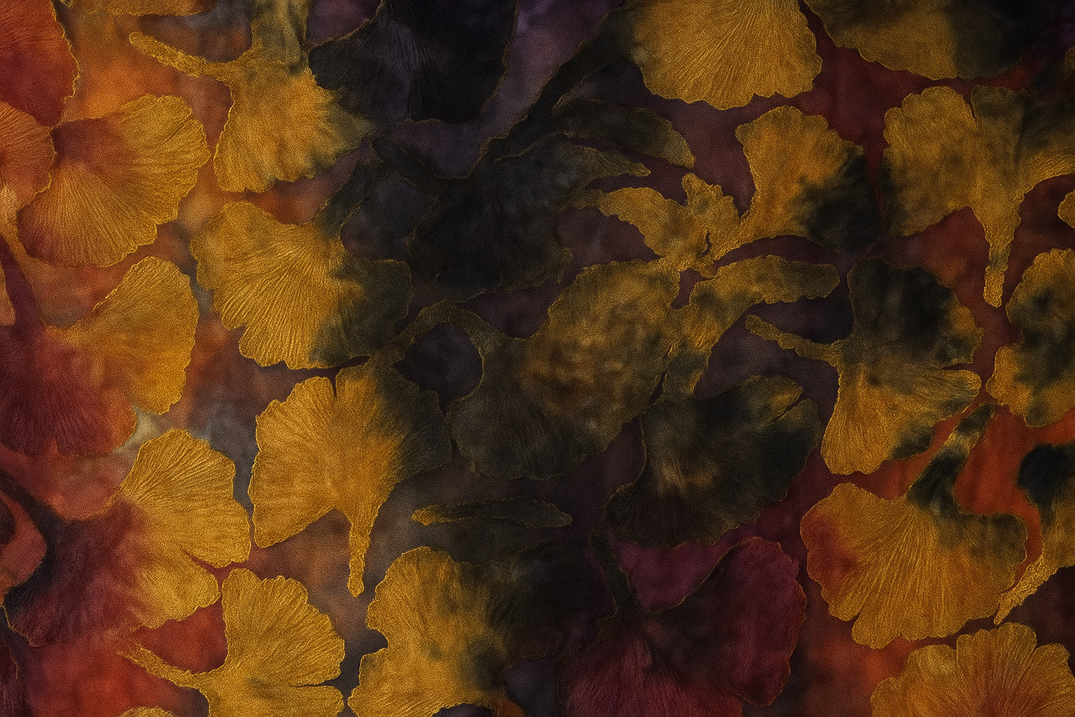 Close-up of a fabric with a tie-dye pattern in orange, purple, and red.