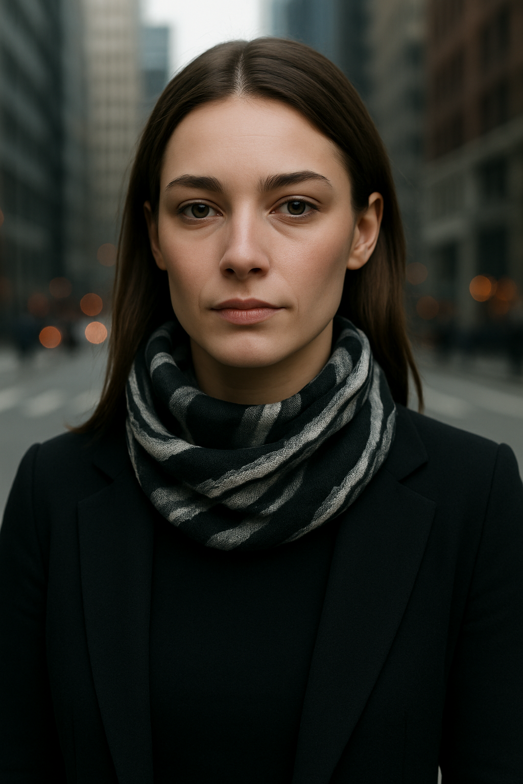 Woman wearing a black coat and striped scarf on a city street