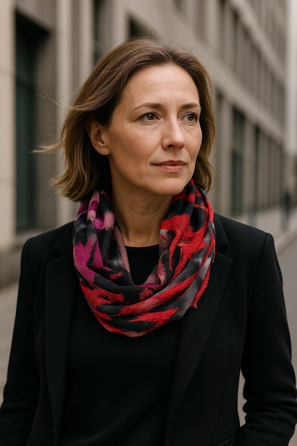 Woman wearing a colorful scarf and black coat outdoors